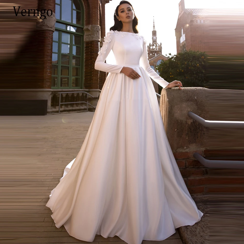 Top Trends: Verngo New Simple Satin Wedding Dress 2022 Long Sleeves A Line Bride Gowns 3D Flowers Vintage Arabric Formal Wedding Gowns Shoppable Styles