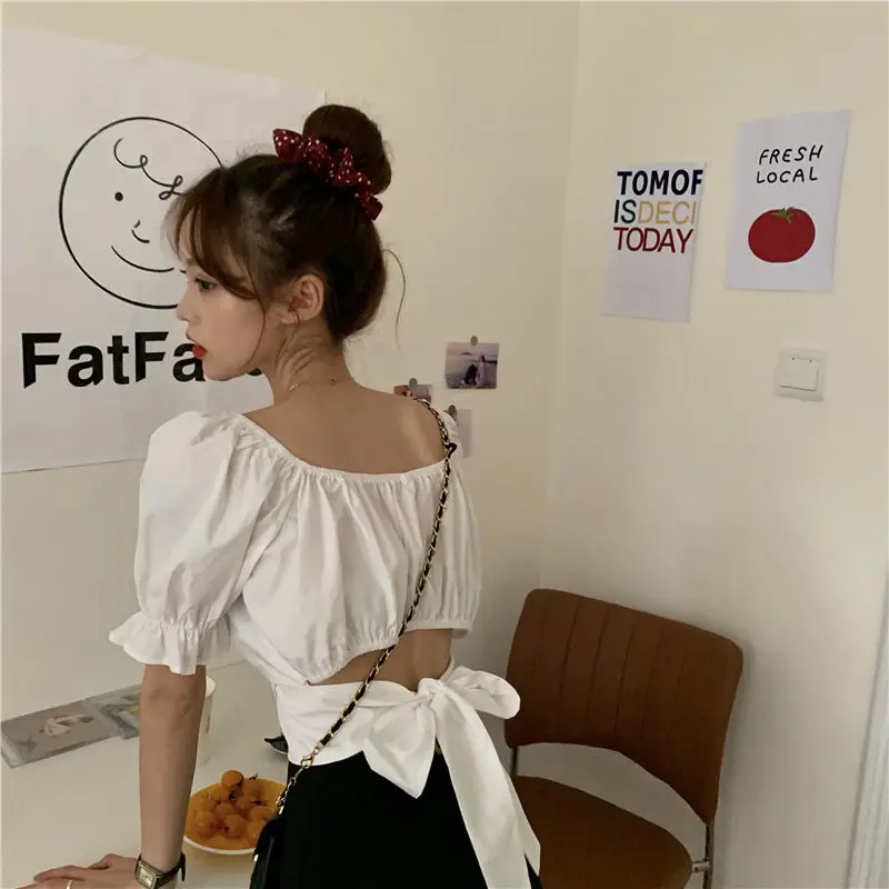 Top Trends: Lace Up Backless Top Elegant Youth Woman Blouses Chic Fashion Short Sleeve Summer Shirt Low Cut Sexy 2022 New Shoppable Styles