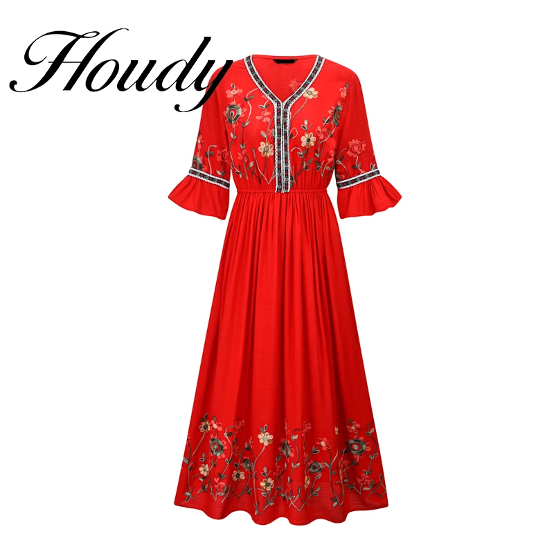 Top Trends: Summer New Women's Fashion Solid Color Round Neck Flower Embroidery Ethnic Wind Waist Belt Long Flared Sleeve Red Dress Shoppable Styles