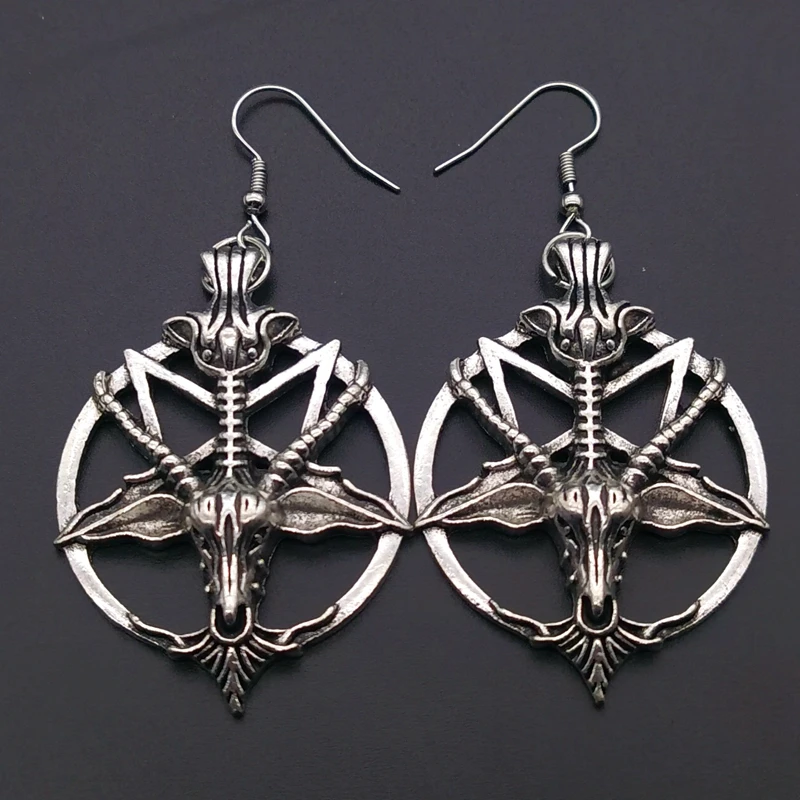 Top Trends: New Fashion Glamour Retro Women's Pentagram Pan God Skull Goat Head Pendant Earrings Black Silver Color Gothic Witch Jewelry Shoppable Styles