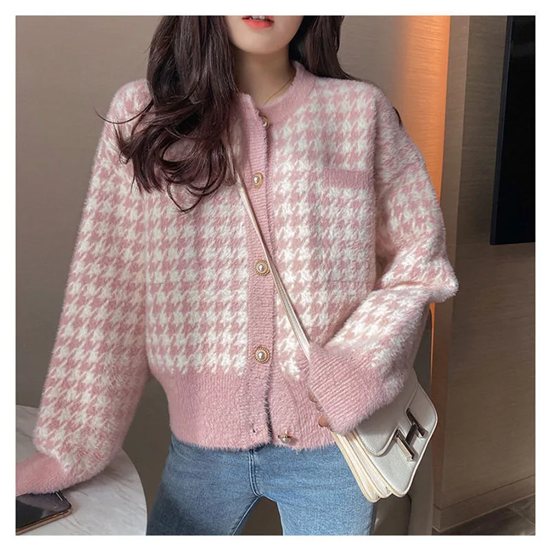 Top Trends: Korean Pink Houndstooth Short Sweater Cardigan Women Elegant Faux Mink Cashmere Knitwear 2022 Winter Vintage O-Neck Knitted Coat Shoppable Styles