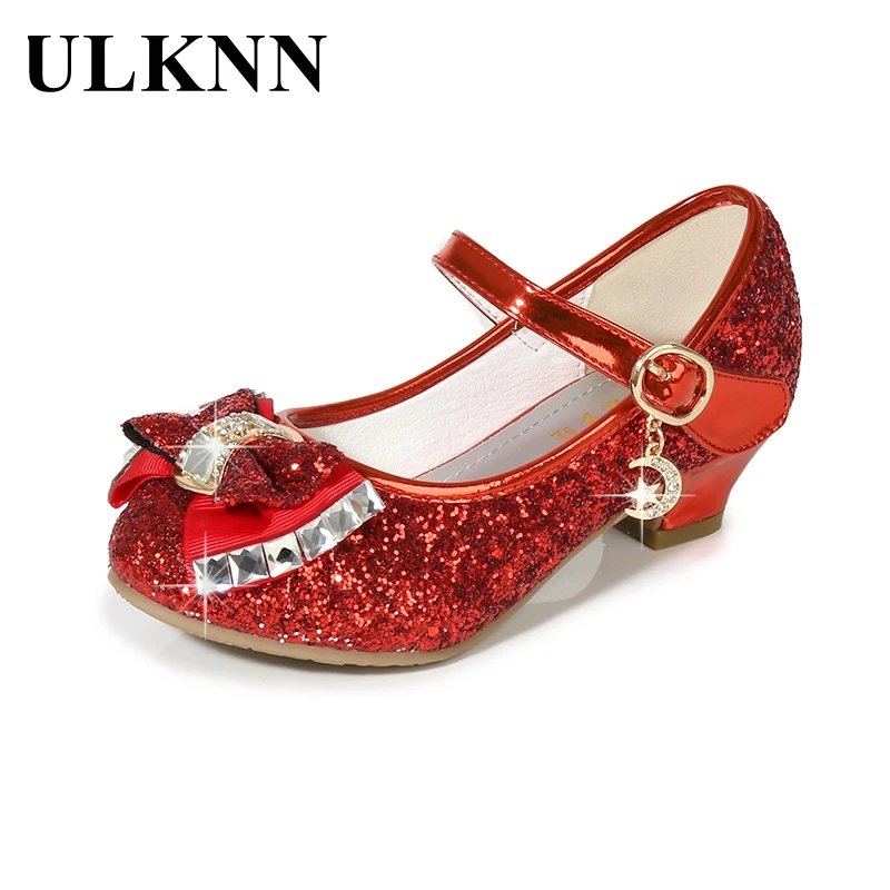 Top Trends: ULKNN Kids Leather Shoes For Girls Flower Casual Glitter Children High Heel 2023 Girls Shoes Butterfly Knot Blue Pink Silver Shoppable Styles