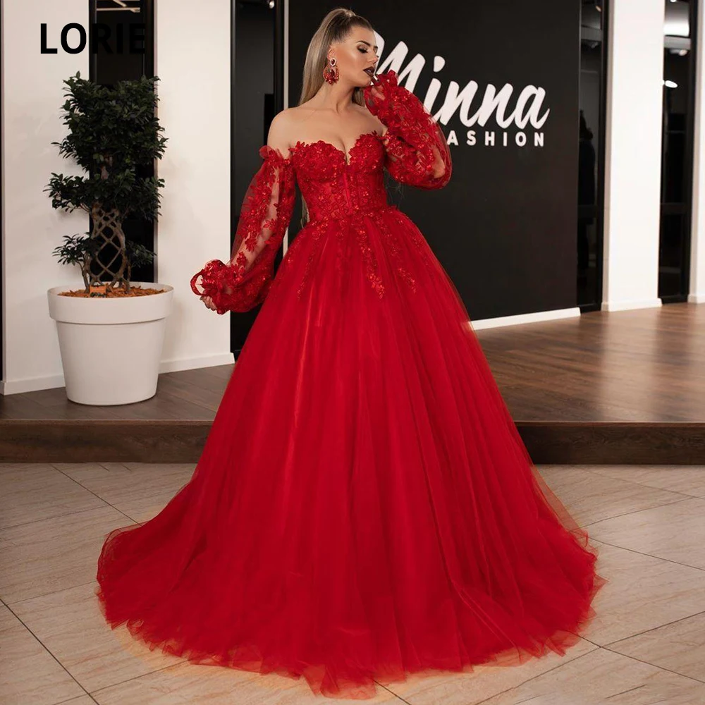 Top Trends: LORIE Red Evening Dresses Formal Long Sleeve Off The Shoulder Lace Appliques Prom Gowns Plus Size Back Lacing Princess Dress Shoppable Styles