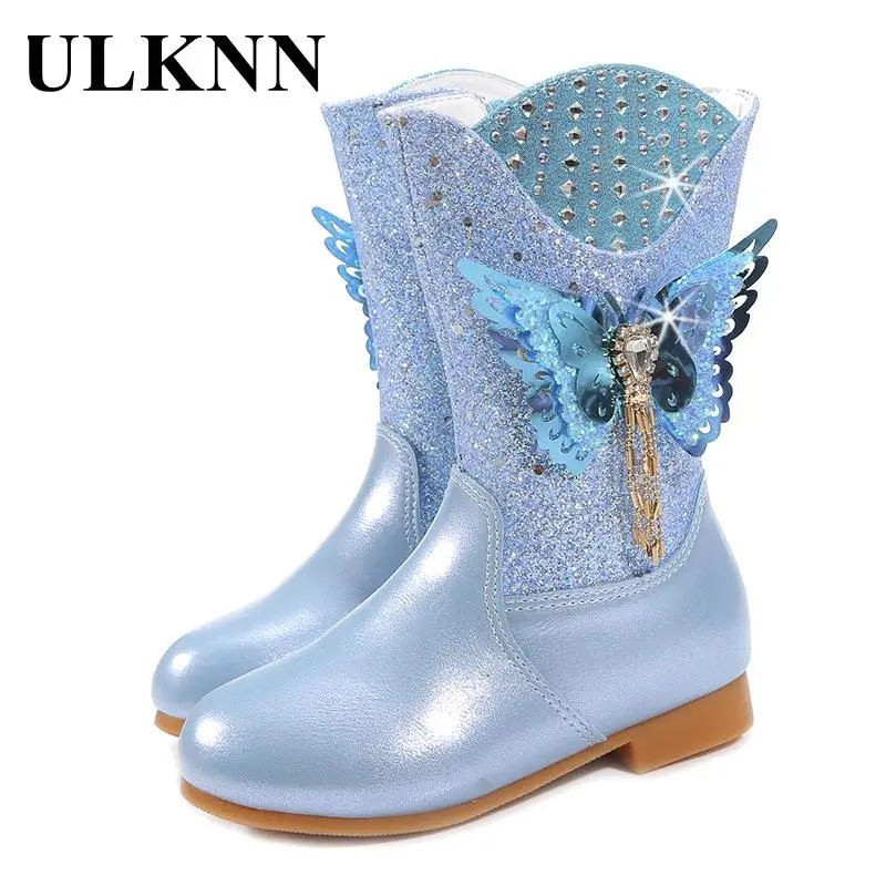 Top Trends: Blue Boots For Girls Winter Kid's Boots New Rhinestone Single Butterfly Children Boots Blue Cuhk Children Shoes Shoppable Styles