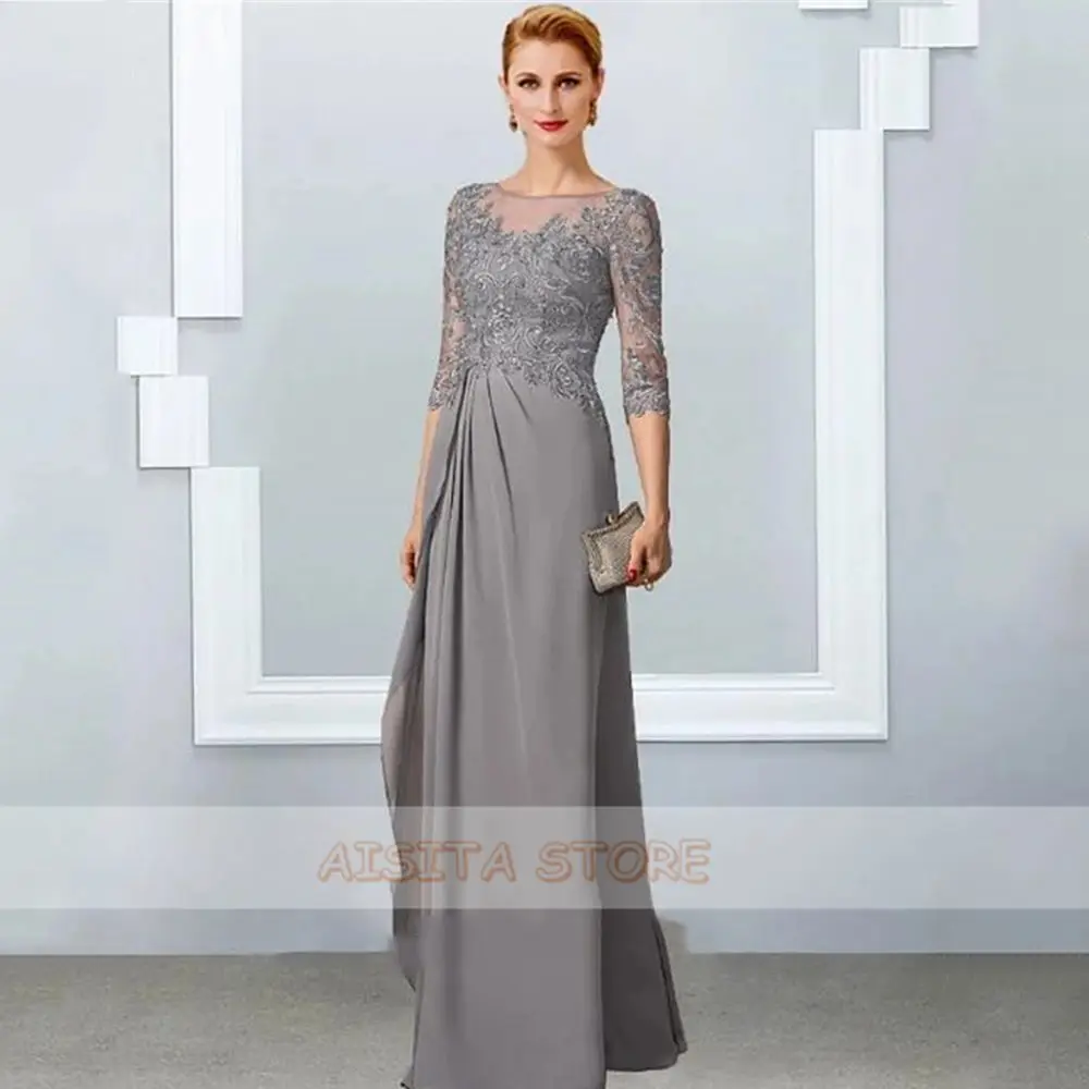 Top Trends: A Line Mother Of The Bride Dresses 2022 Elegant Lace 3 / 4 Sleeve O Neck Wedding Floor Length Chiffon Plus Size Guest Gowns Shoppable Styles