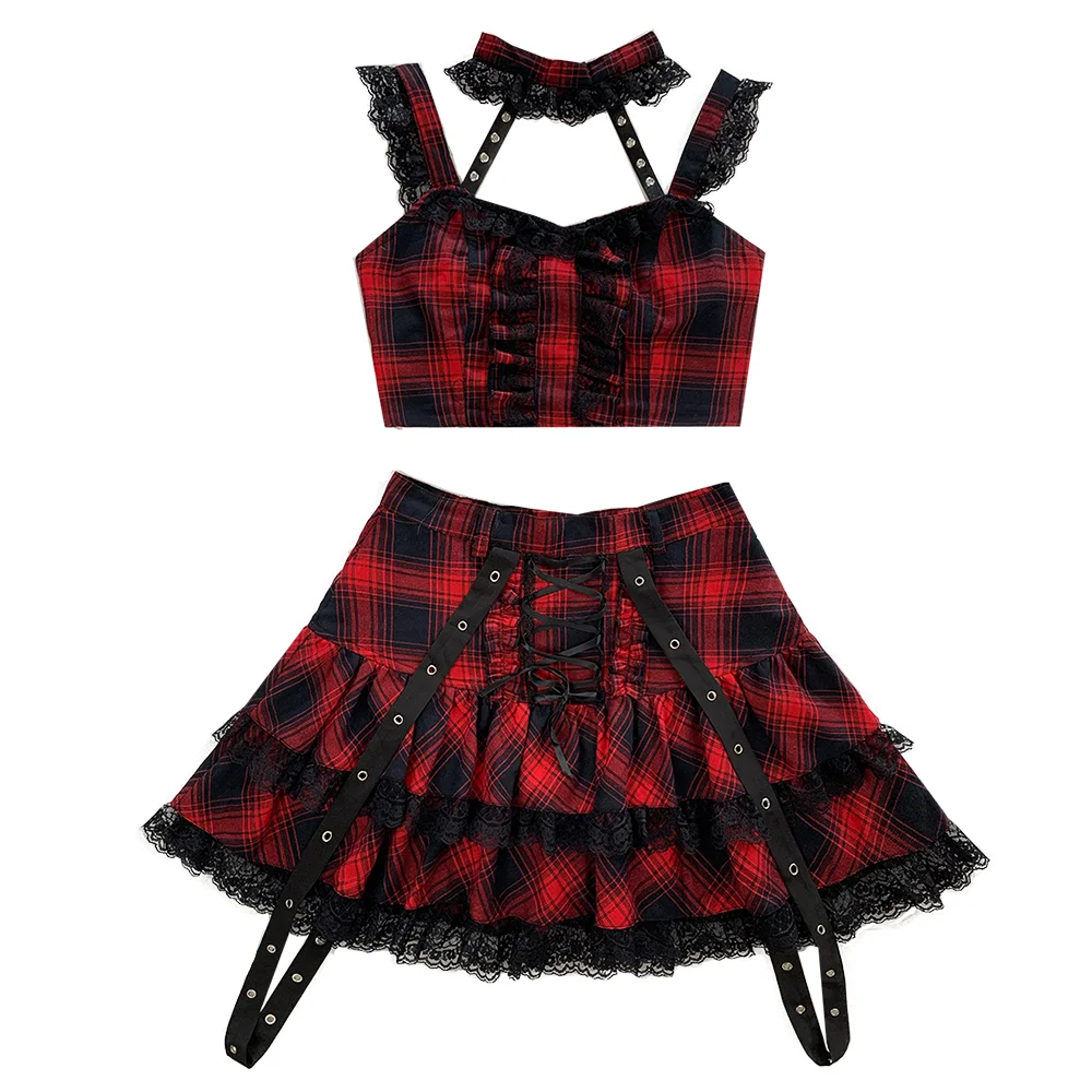 Top Trends: Harajuku Punk Hot Girls Red Mini Plaid Skirt Set 2020 New Woman Lace-up Waist Japanese Kawaii Sweet Pleated Mini Cake Skirt Suit Shoppable Styles