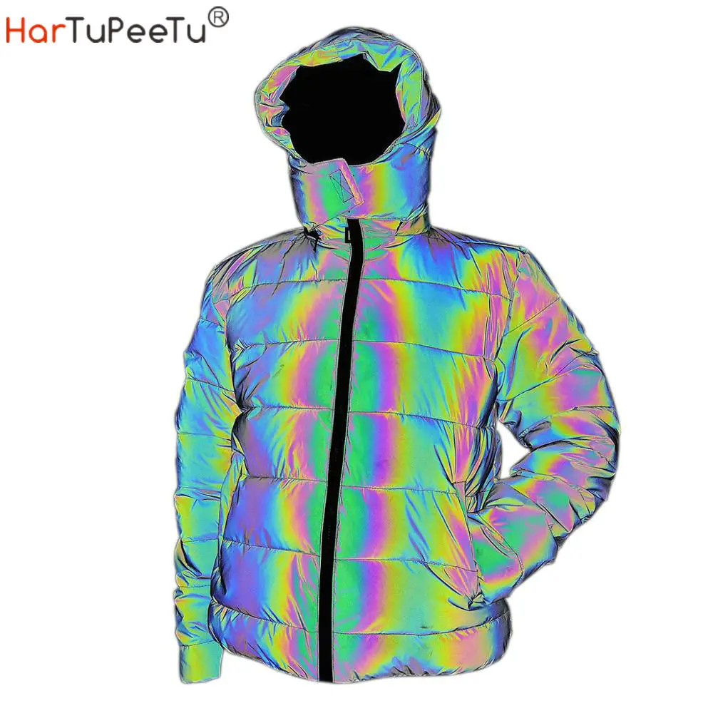 Top Trends: Women Colorful Rainbow Reflective Winter Jacket Windbreaker Reflecting Glow Hooded Parka Young Men Warm Padded Coat DropShipping Shoppable Styles