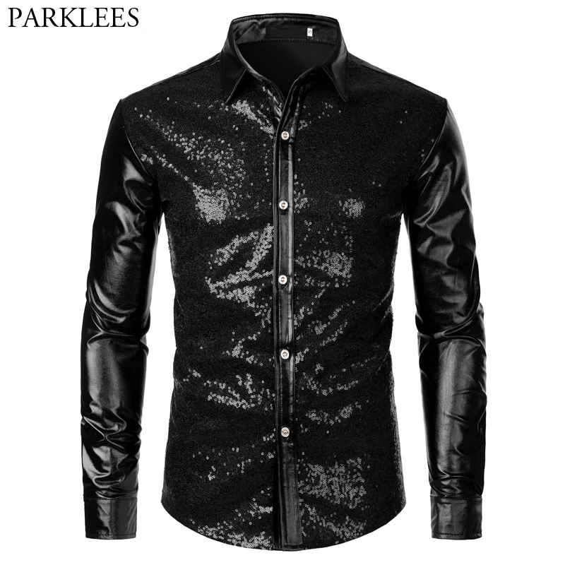 Top Trends: Black Sequin Glitter Dress Shirt Men Shiny Long Sleeve Button Down 70s Disco Party Dance Shirt Male Christmas Halloween Costume Shoppable Styles