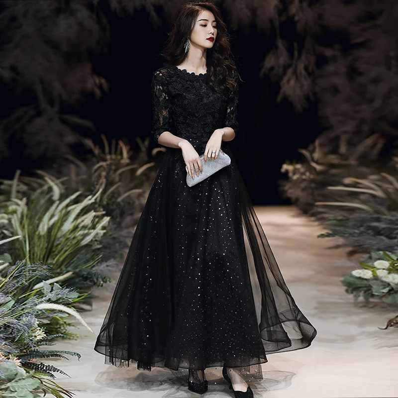 Top Trends: Black Evening Dresses O-neck Lace Half Sleeves A-ling Bling Floor-length Plus Size Customized Simple New Formal Party Dress A092 Shoppable Styles