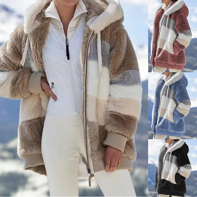 Top Trends: Winter Women&#039;s Jacket New Patchwork Zipper Pocket Hooded Jacket Fur Woman Coat New Size Thick Warm Women Top Winter Outerwear Shoppable Styles