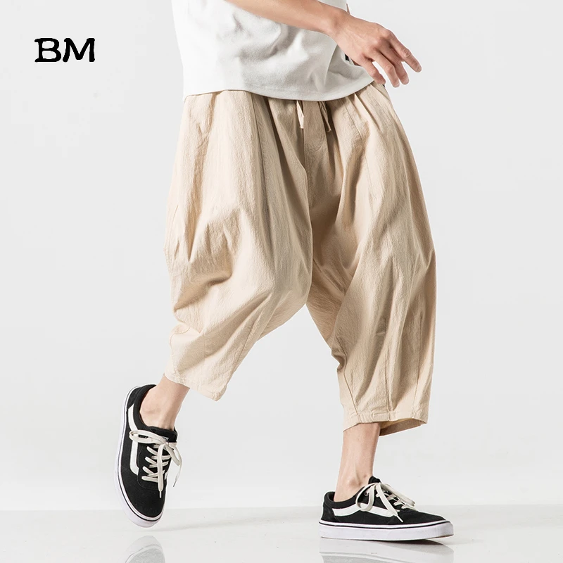 Top Trends: Summer Japanese Streetwear Linen Harem Pants Men Fashion Casual Cropped Pants Harajuku Thin Loose Radish Pants Sport Clothing Shoppable Styles