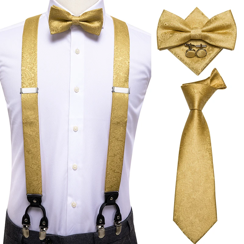 Top Trends: Hi-Tie 100% Silk Adult Men's Suspender Set Leather 6 Clips Braces Vintage Fashion Gold Floral Wedding Suspenders And Bowtie Set Shoppable Styles