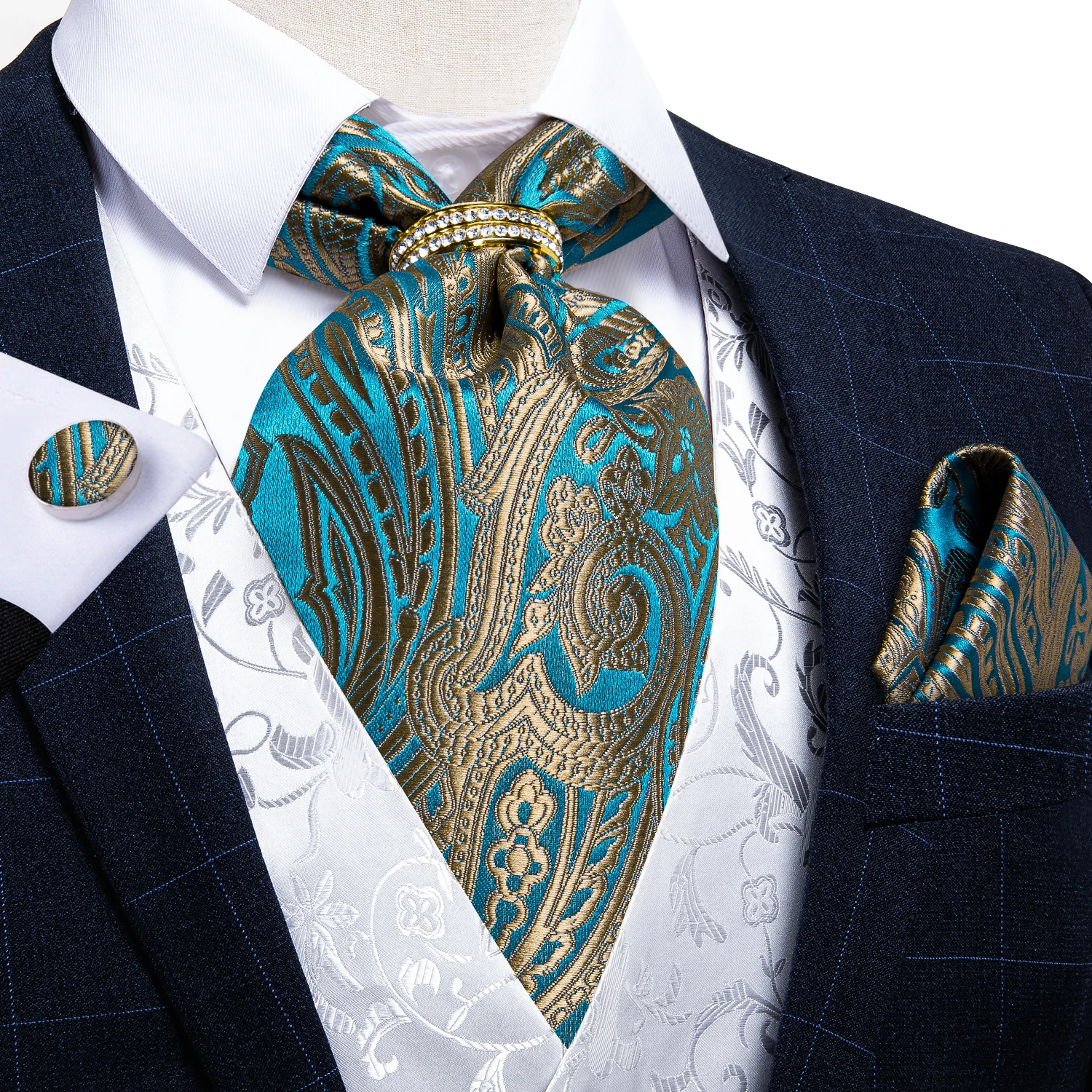 Top Trends: Men Vintage Teal Blue Gold Paisley Formal Ascot Tie Self British Style Gentleman Silk Cravat Necktie Set Hanky Tie Ring DiBanGu Shoppable Styles