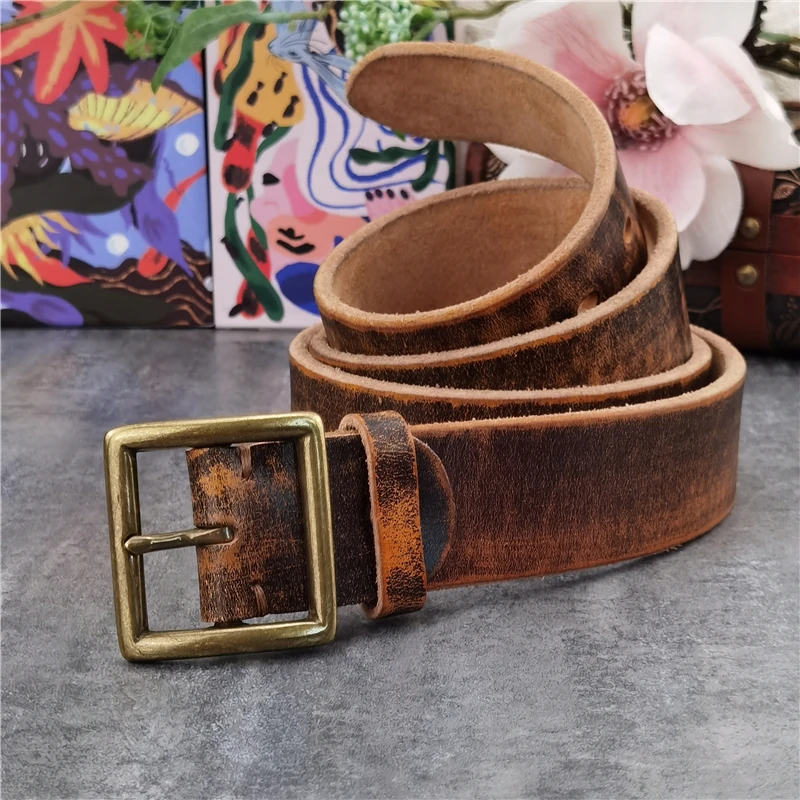 Top Trends: Retro Jeans Leather Belt Men Ceinture Vintage Brass Belt Buckle Genuine Leather Belts For Men Long Waist Belt Male MBT0009 Shoppable Styles - Image 5