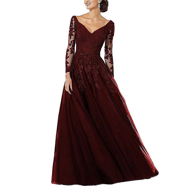 Top Trends: V-Neck Beaded Lace Appliqued Mother Of The Bride Dress Long Sleeves Bodice Long Evening Formal Gowns Shoppable Styles