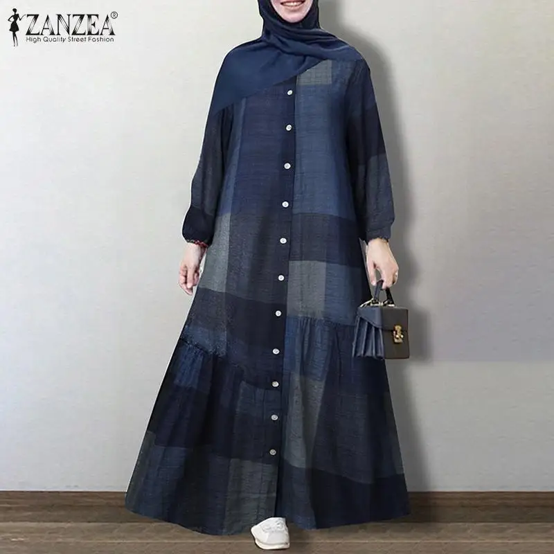 Top Trends: Women Spring Muslim Dubai Abaya ZANZEA Plaid Check Long Dress Female Puff Sleeve Turkey Hijab Robe Spring Casual Button Vestidos Shoppable Styles