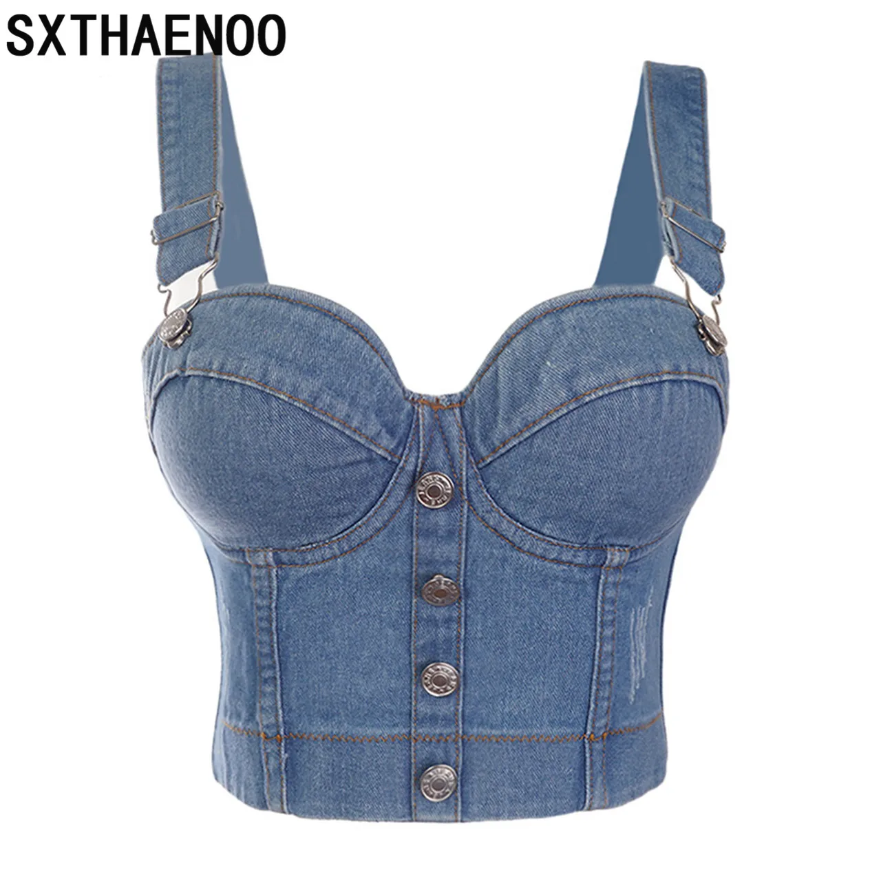 Top Trends: SXTHAENOO Fashion Sexy Denim Jeans Women Button Bustier Bra Party Night Club Party Cropped Top Vest Plus Size Ropa De Mujer Shoppable Styles