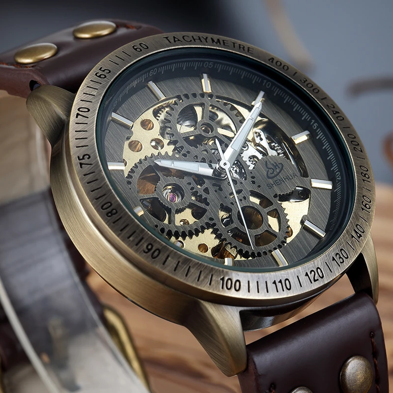 Top Trends: New Brown Strap Retro Steampunk Men's Mechanical Watch Locomotive Gear Literal Automatic Male Wristwatches Relogio Masculino Shoppable Styles