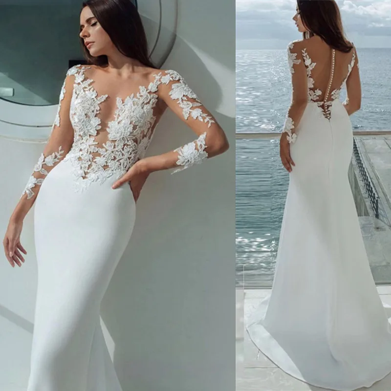 Top Trends: Long Sleeves Mermaid Wedding Dresses White Sexy Illusion Neck Lace Appliques Elegant Bridal Dress Gowns Beach Vestidos De Noiva Shoppable Styles