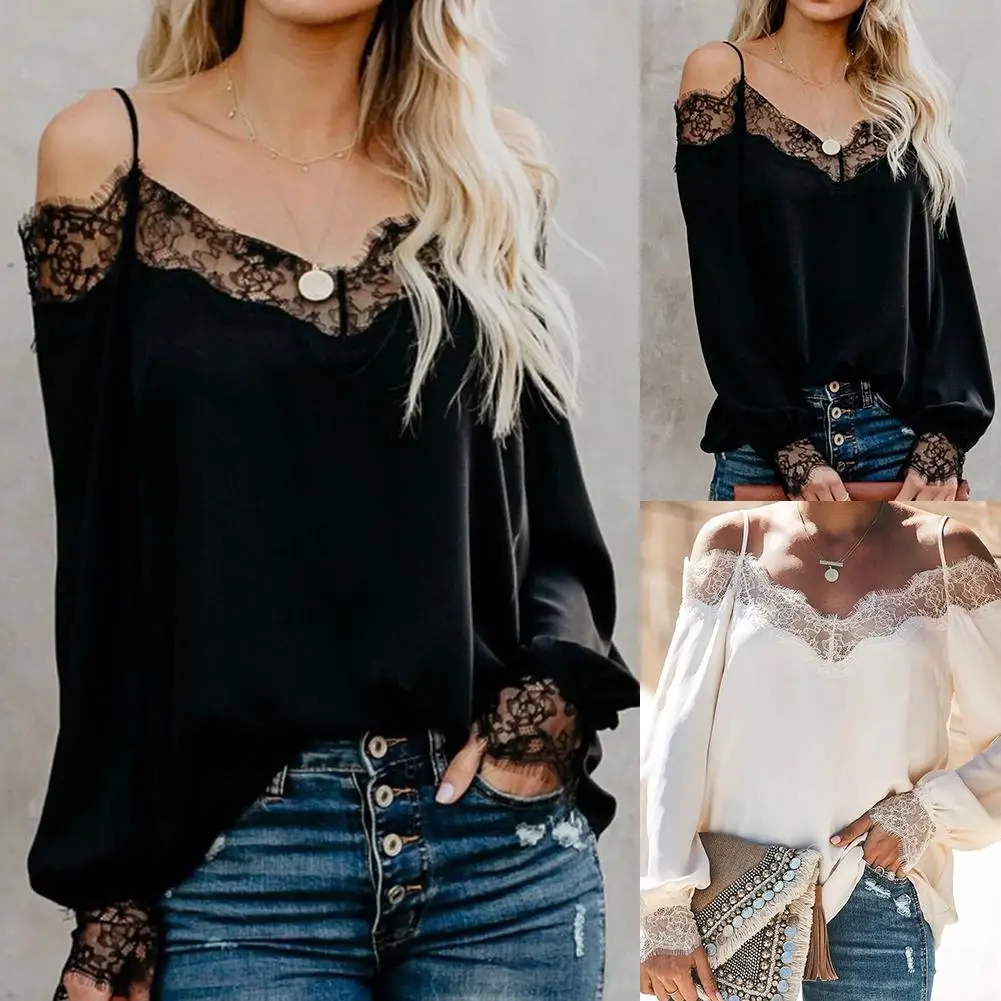 Top Trends: 80% New Arrival ！！！Women Sexy V Neck Long Sleeve Lace Stitching Off Shoulder Straps Loose Shirt Shoppable Styles