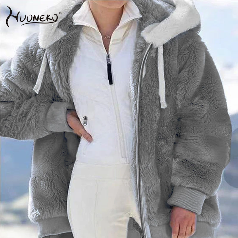 Top Trends: Winter Women Plush Thicken Jacket Fashion Loose Warm Fleece Zipper Hooded Coats Faux Fur Parka Plaid Female Jacket Outwear WCO02 Shoppable Styles