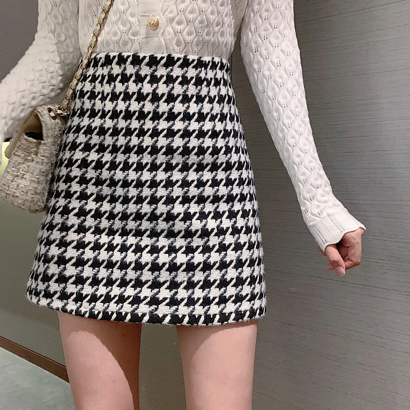 Top Trends: Fashion Women's Skirt Woolen Plaid High Waist Slim Buttocks Short Mini Woman Skirts Black Beige 1080 Shoppable Styles