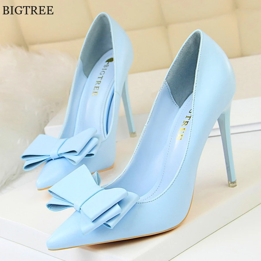 Top Trends: BIGTREE Red Blue Black Shoes Bowknot Sweet Woman Pumps Soft Leather Pointy Toe Women High Heels Stiletto Dress Office Lady Shoes Shoppable Styles