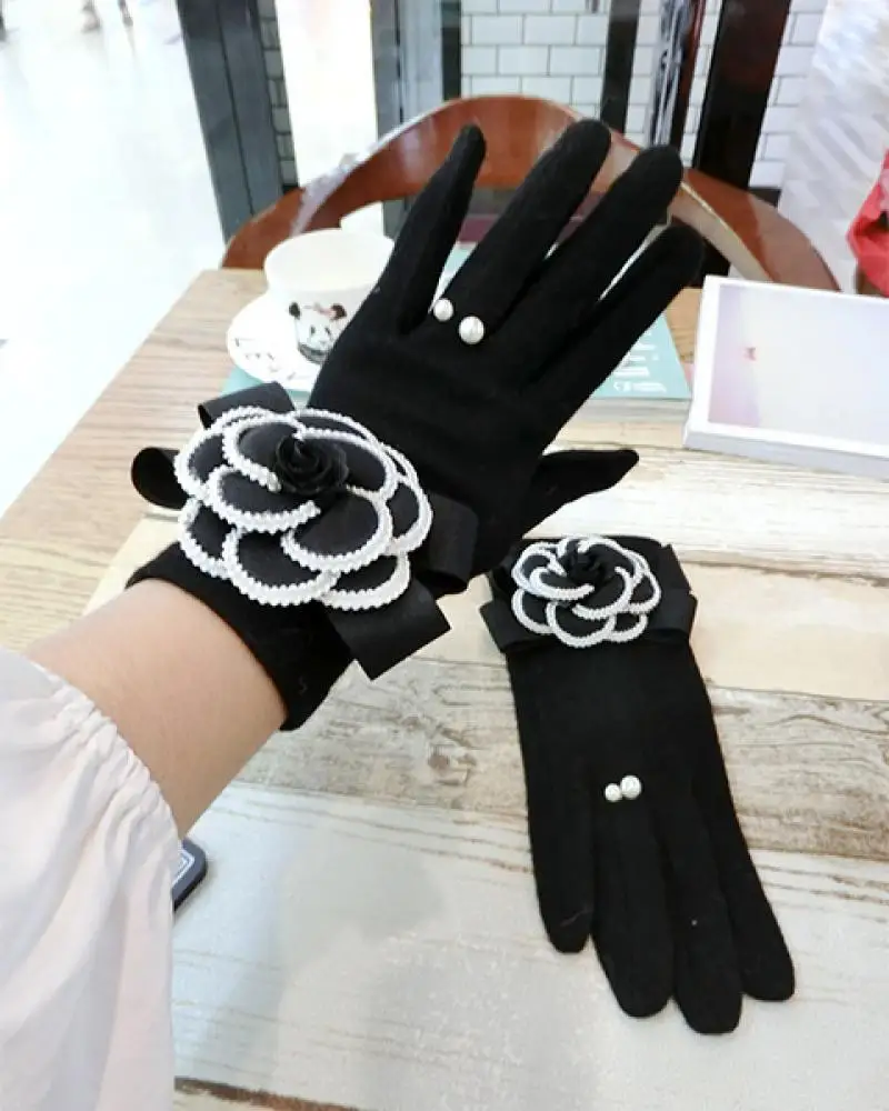 Top Trends: Black Camellia Cashmere Gloves Fashion Korean Houndstooth Mink Hair Cute Flowers Warm Riding Touch Screen Gloves A428 Shoppable Styles