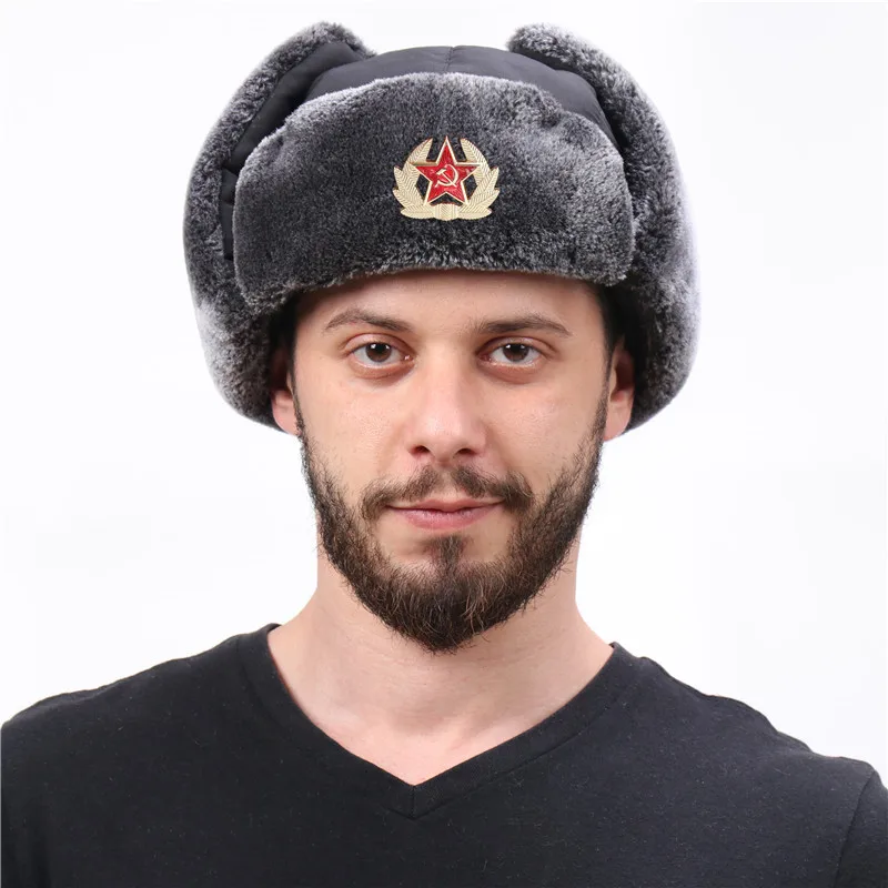 Top Trends: Warm Soviet Badge Lei Feng Hats Men's Russian Army Ushanka Bomber Hat Outdoor Plus Velvet Thicken Caps Faux Rabbit Fur Earflap Shoppable Styles