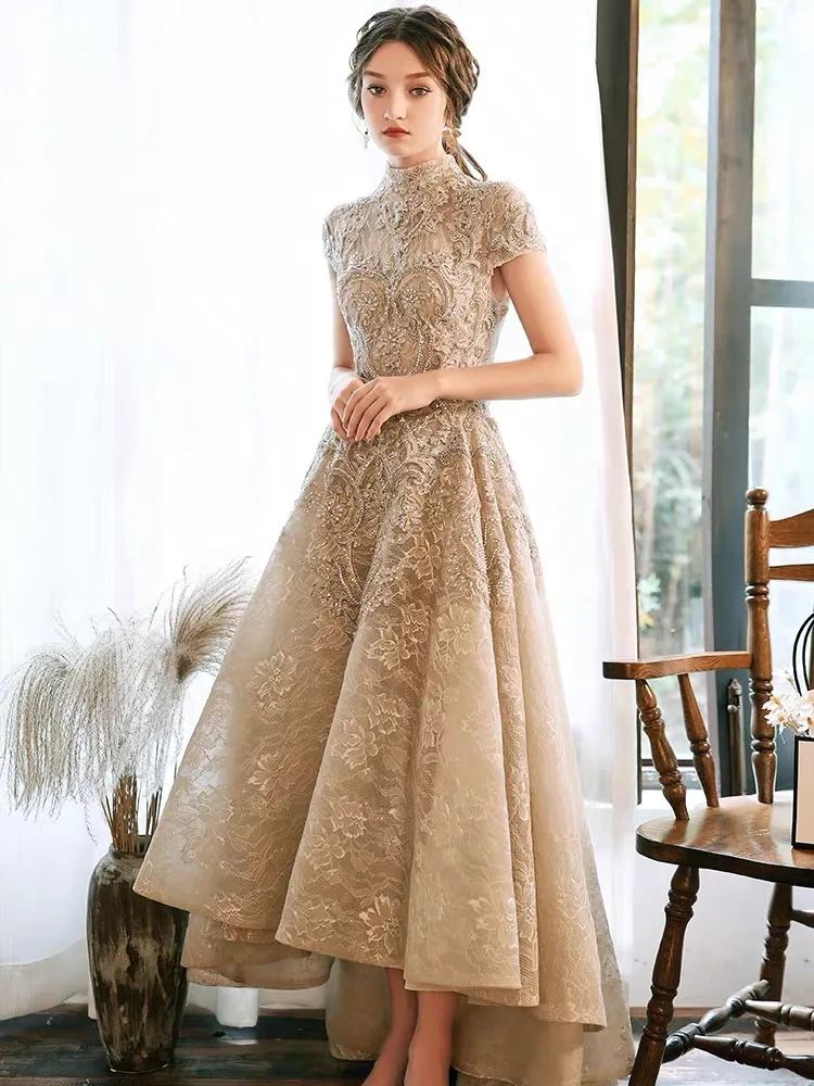 Top Trends: Luxury Evening Dresses Short Sleeves Lace Beaded Short Front Long Back Formal High Neck A-Line Wedding Celebrity Prom Gowns New Shoppable Styles