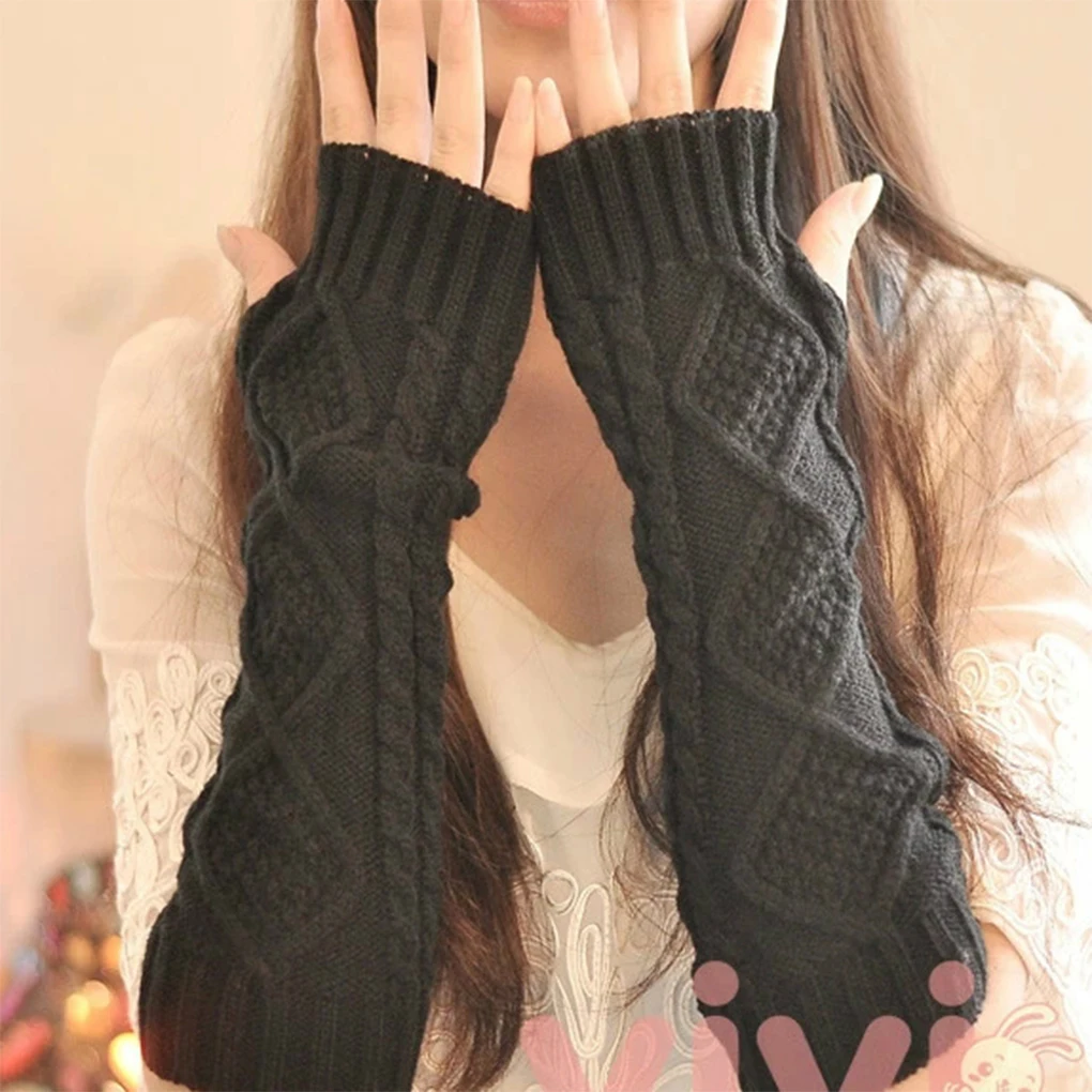 Top Trends: 1 Pair Autumn Winter Women Knit Gloves Arm Wrist Sleeve Hand Warmer Girls Rhombus Long Half Winter Mittens Fingerless Gloves Shoppable Styles