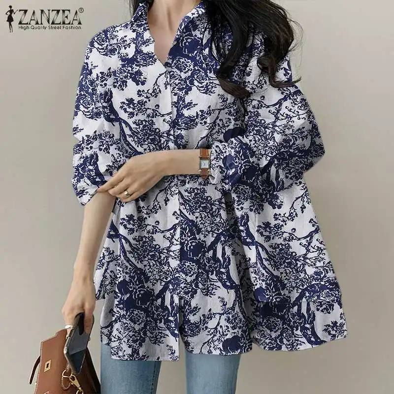 Top Trends: Autumn Office Work Bohemian Tops 2023 ZANZEA Floral Cotton Shirt Women Casual Long Sleeve Lapel Blouse Female Oversized Chemise Shoppable Styles