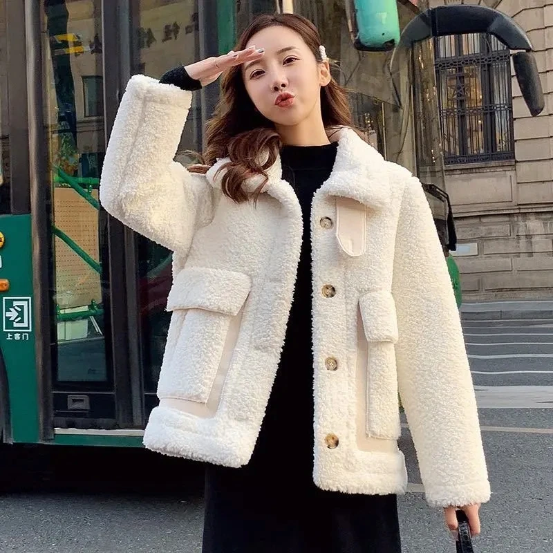 Top Trends: Thick Lamb Wool Teddy Coat Women Korean Style Warm Fluffy Jacket Autumn Winter Furry Cashmere Coat Big Pocket Faux Fur Overcoat Shoppable Styles