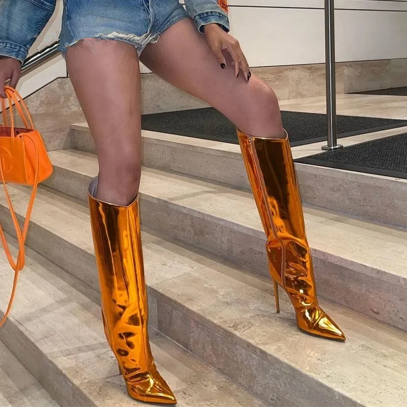 Top Trends: Metallic Leather Women Knee High Boots Stilettos Heels Pointed Toe Female Party Shoes Nightclub Reflective Long Boots Women 2023 Shoppable Styles