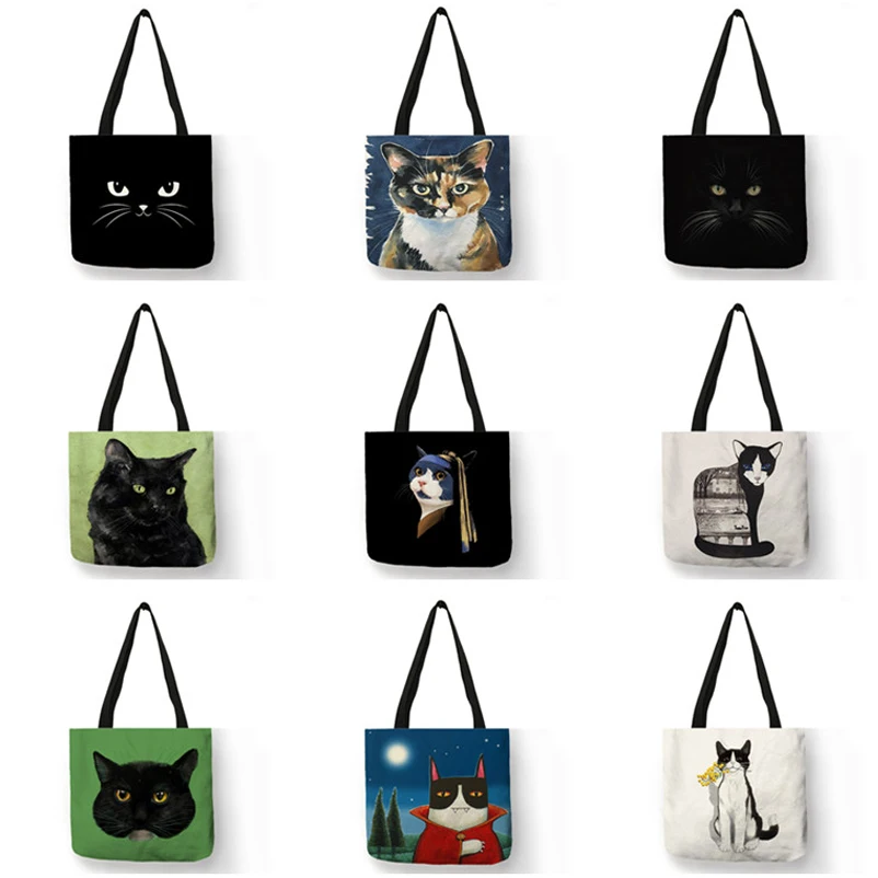 Top Trends: Black Cat Print Animal Art Painting Shopping Hand Bag Women Shoulder Bag Eco Large Graphic Tote Shopper Bag For Boutique Shoppable Styles