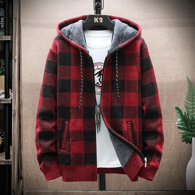 Top Trends: Men's New Winter Plaid Sweater Hooded Cardigan Fleece Warm Clothes Harajuku Coat Wool Zipper Jacket Japanese Fashion Knit Jumper Shoppable Styles