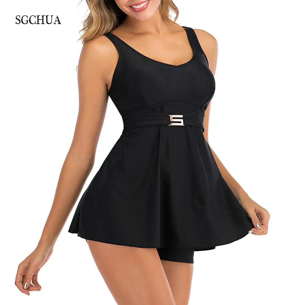 Top Trends: SGCHUA 2020 New Solid Black 5XL Tankini With Golden S Belt Plus Size XXXL Two Piece Swimsuit Women Beach Boxer Swimwear For Fat Shoppable Styles