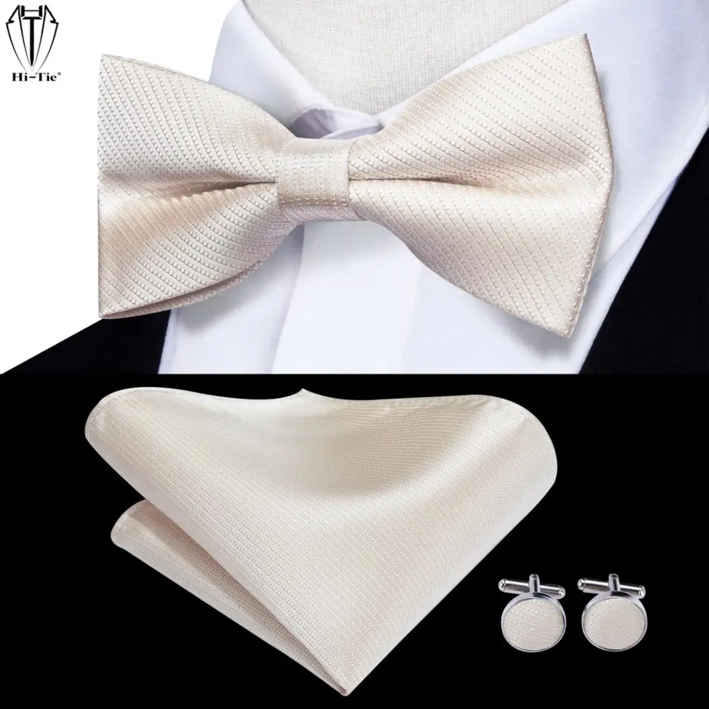 Top Trends: Hi-Tie 100% Silk Beige Plain Mens Bow Tie Woven Adult Bowtie Hankerchief Cufflinks Set Wedding Business Butterfly Cravat Bowknot Shoppable Styles