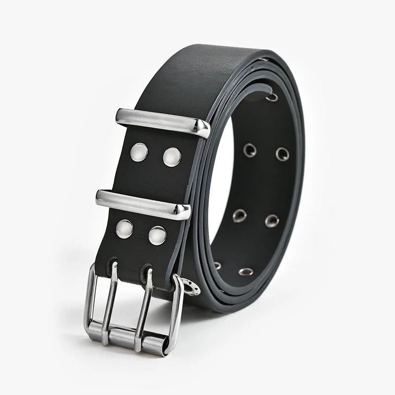 Top Trends: Fashion Men Women Punk Style Belt Adjustable Black Double Eyelet Grommet Metal Buckle Leather Waistband For Jeans Shoppable Styles - Image 5