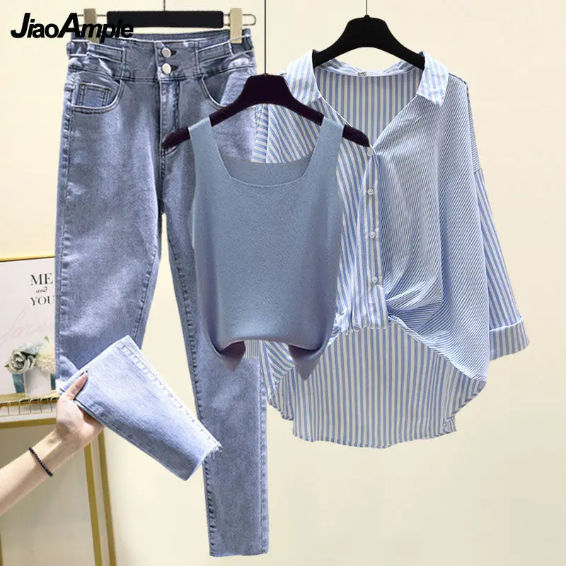 Top Trends: Women's Spring Summer 2 Pieces Pants Set 2023 New Student Casual Thin Stripe Shirt+ Vest+ Jeans Outfits Lady High Waist Denim Pant Shoppable Styles