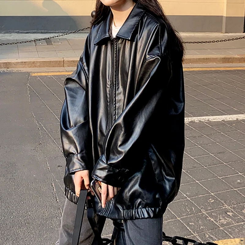 Top Trends: Korean Black Leather Jacket Women Winter Long Women's Moto Biker Zipper Jacket Streetwear Harajuku Y2K Loose Women's Coat 2023 Shoppable Styles