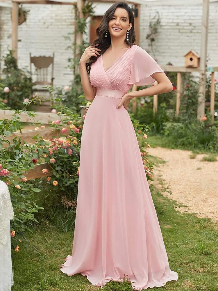 Top Trends: Women Pink Bridesmaid Dresses Long Elegant A Line Double V Neck Ruffles Chiffon Formal Wedding Party Dress New Long Prom Dress Shoppable Styles