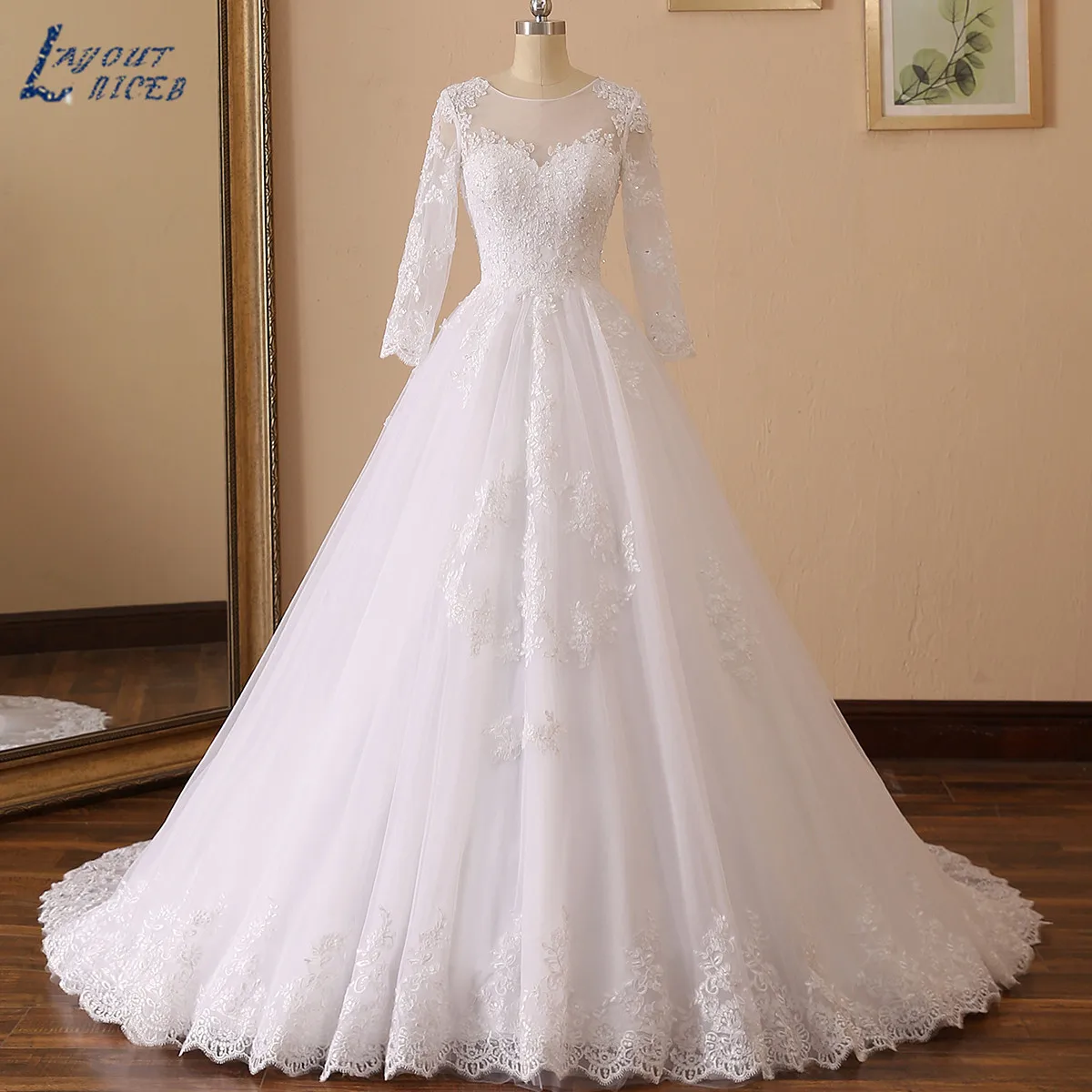 Top Trends: LAYOUT NICEB Long Sleeves Wedding Dress Elegant Lace Appliques Beads Vestido De Noiva Sexy Illusion Back Ball Gown Bridal Tulle Shoppable Styles