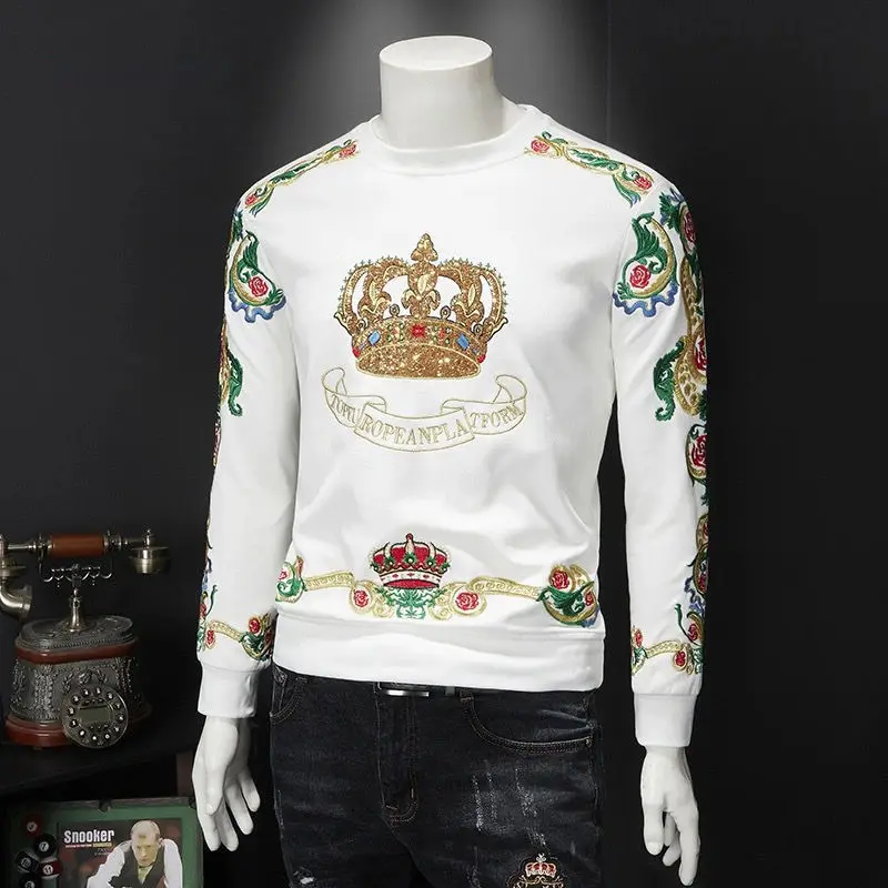 Top Trends: 2021 Men's Spring And Autumn Casual Crown Crew Neck Long Sleeve Sweater Embroidered Bottoming Shirt Sweatshirt Top Shoppable Styles