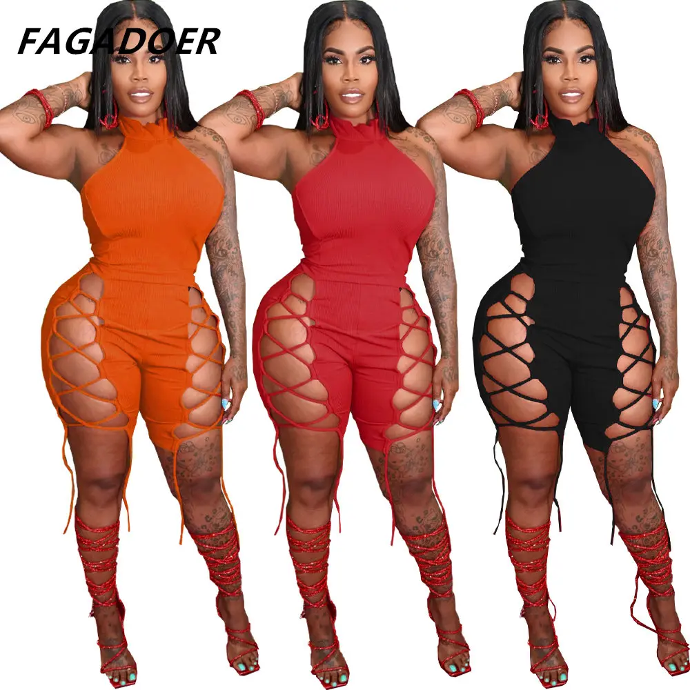 Top Trends: FAGADOER Hollow Out Sexy Jumpsuits Women Shorts Summer Bandage Rompers Solid Black Halter Female Sexy Nightclub Party Outfits Shoppable Styles