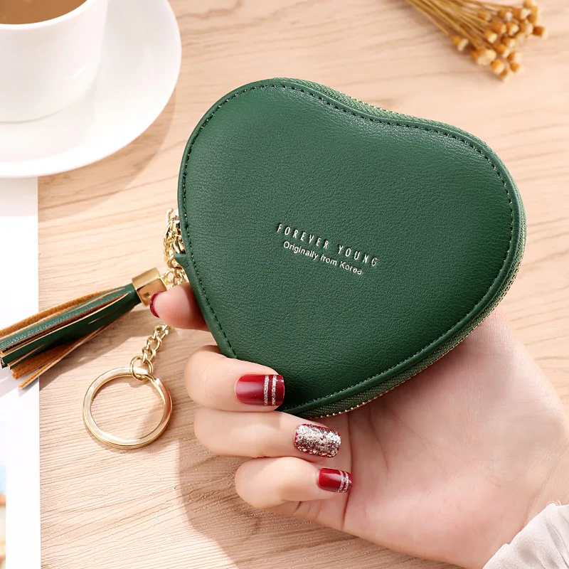 Top Trends: Women's Heart Shape Small Coin Wallets PU Leather Zipper Key Ring Tassels Card Holder Mini Purse Cute Portable Female Clutch Bag Shoppable Styles