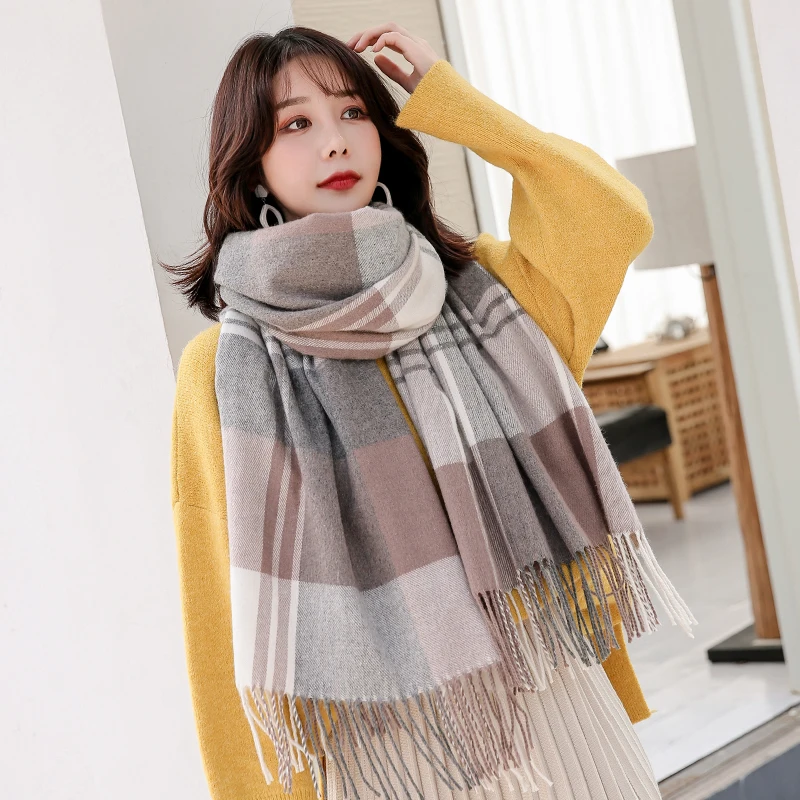 Top Trends: Korea Plaid Wool Scarf For Women Outdoor Warm Cashmere Foulard Femme Shawls, Wraps Echarpe Pashmina Ladies Winter Wool Scarves Shoppable Styles