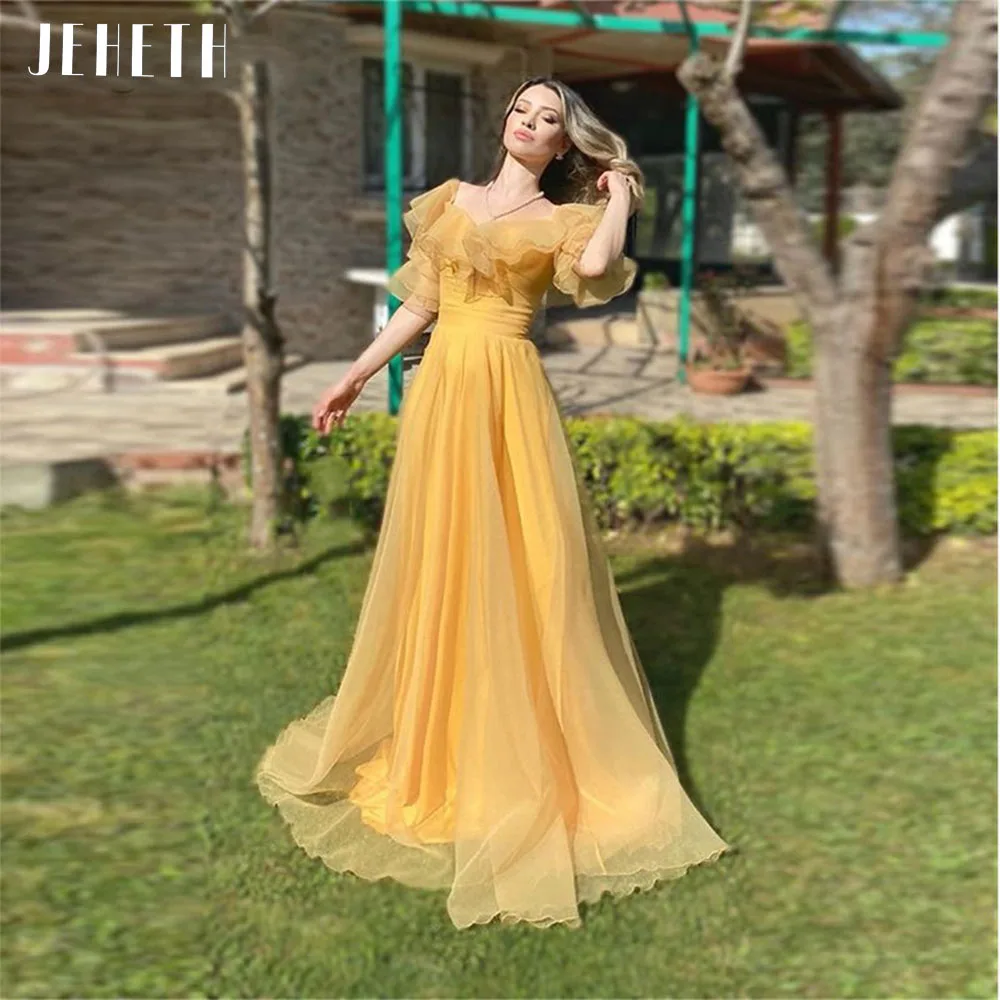 Top Trends: JEHETH Vintage Yellow Square Neck Tulle Prom Dresses Boho 2022 A Line Short Ruffles Sleeves Princess Party Gowns Floor Length Shoppable Styles