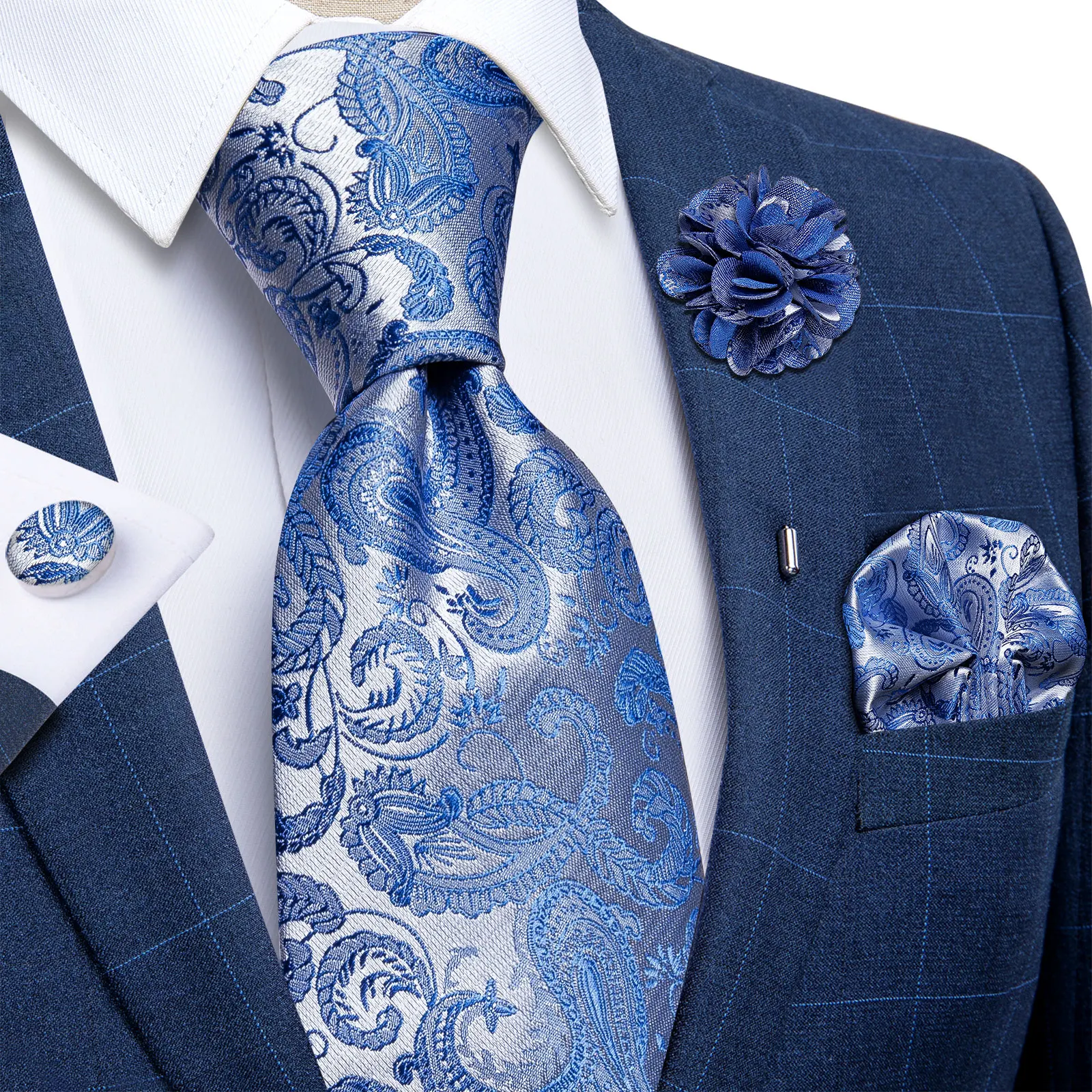 Top Trends: Blue Silver Paisley Neck Ties For Men Luxury 8cm Wide Silk Wed Tie Pocket Square Cufflinks Set Brooch Christmas Gifts For Men Shoppable Styles