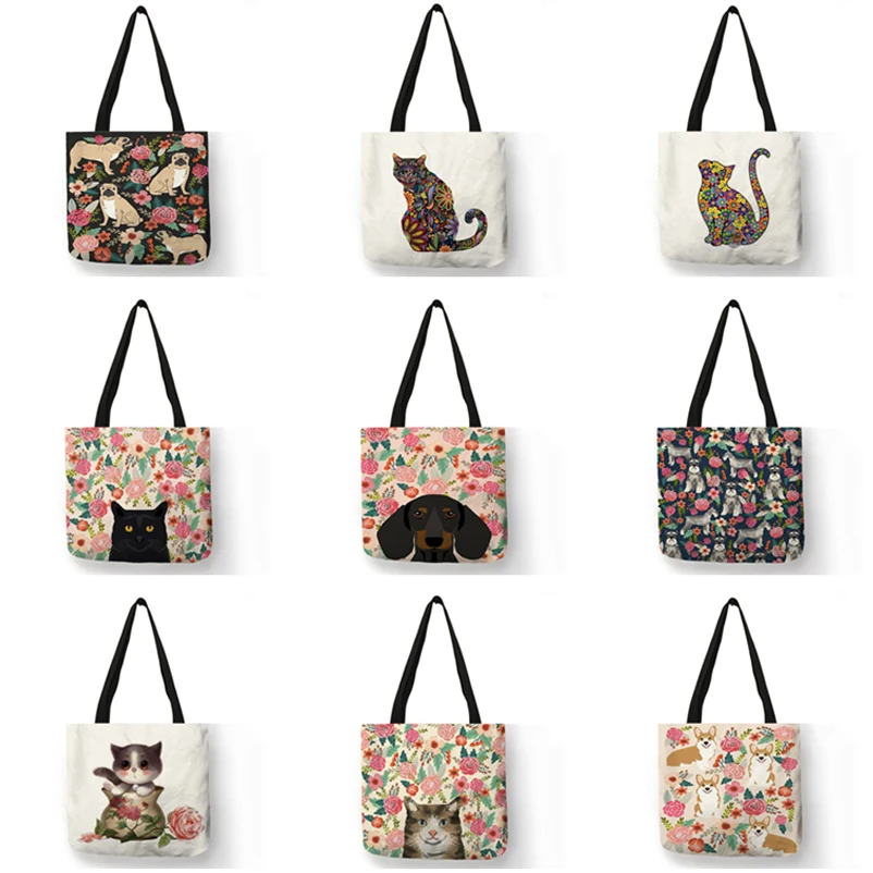 Top Trends: Custom Floral Pet Dog Cat Print Women Tote Handbag Casual School Traveling Shoulder Bag Reusable Shopping Bags For Supermarket Shoppable Styles